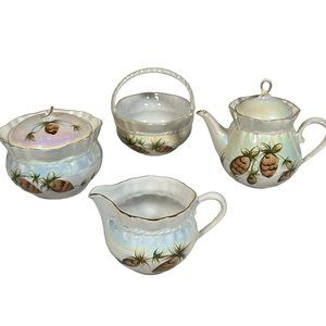 1997 Korosten Porcelain Serving Set 6 Piece Russia Ukraine Lusterware Pine Cones